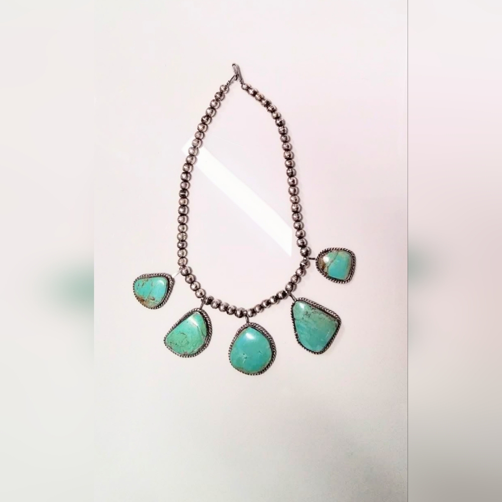 1970s Station Necklace , Genuine Turqouise Sterling Silver